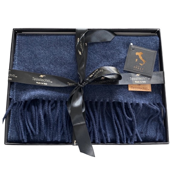 Tessilechiti 1967 Navy Blue Scarf Made in Italy Luxury‎ Yarn Wool Cashmere Blend